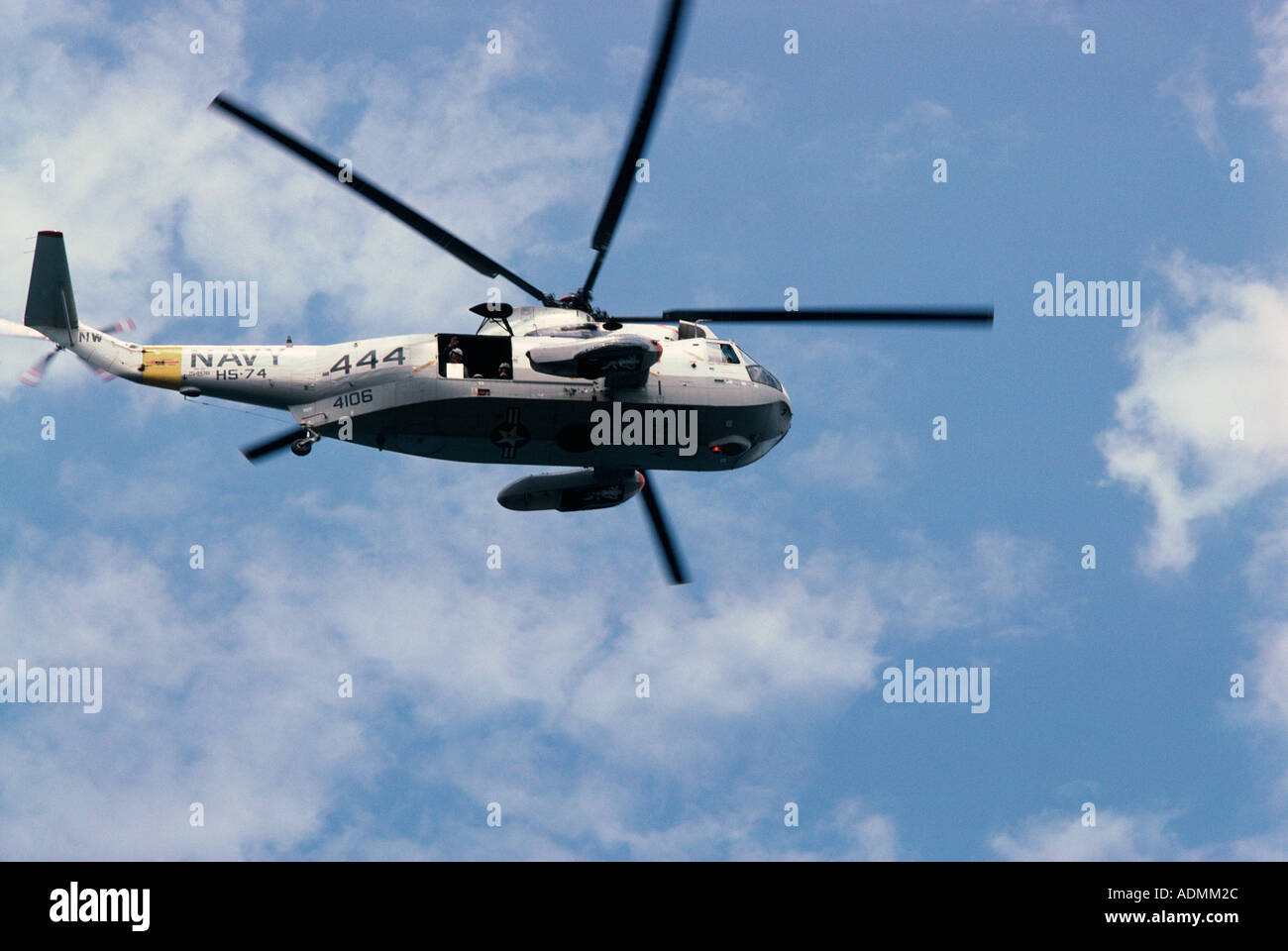 Low angle view of a military helicopter in flight Stock Photo