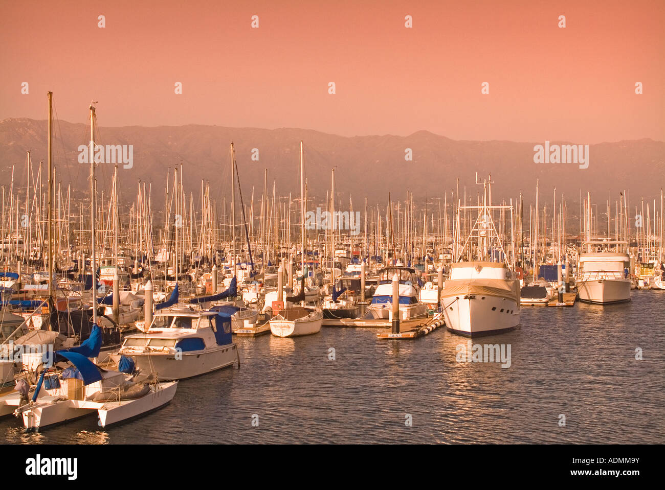 Sailboats moored in yacht harbor in Santa Barbara, California, USA Stock Photo