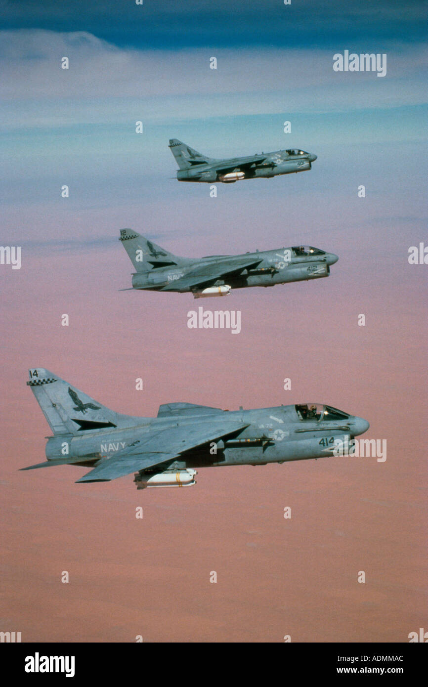 A-7E Corsairs flying in formation Stock Photo