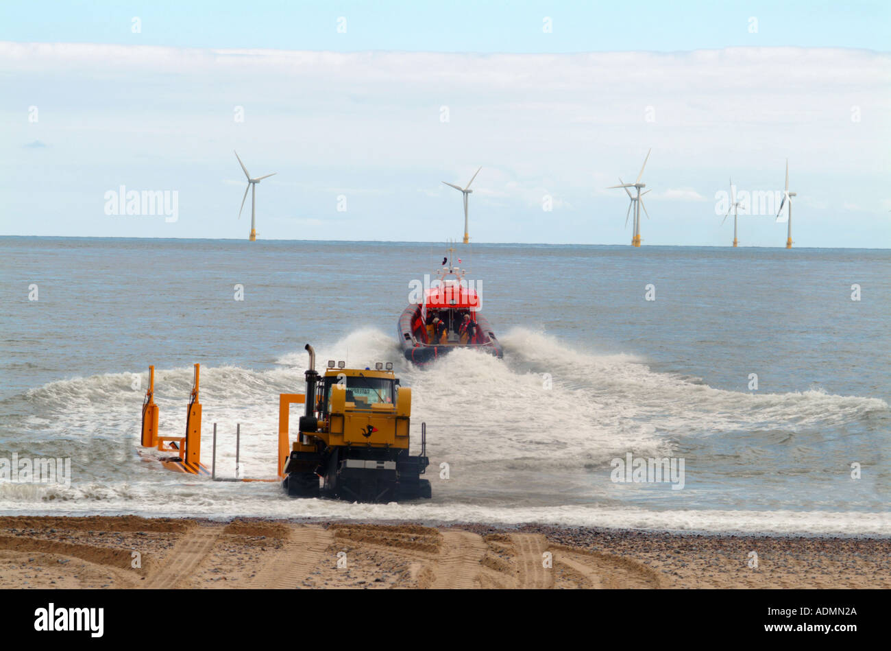 Caister Lifeboat launching with prince charles aboard Stock Photo