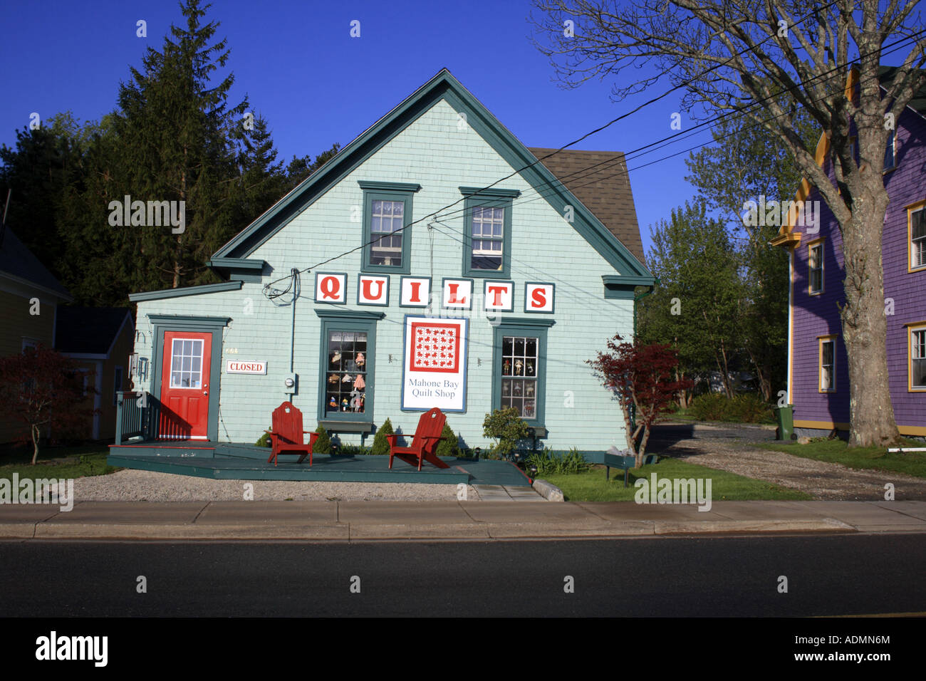 facade of a quilt shop in the village of Mahone Bay, Nova Scotia