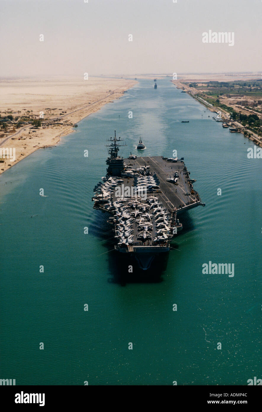 High angle view of the USS Dwight D. Eisenhower aircraft carrier moving through the Suez Canal Stock Photo