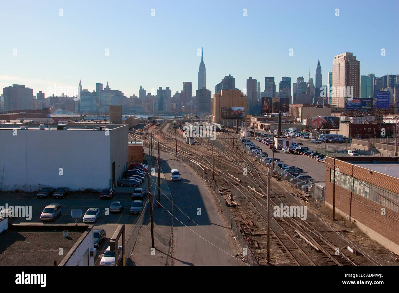 Train station. Long Island City. View from Pulaski Bridge. In background Manhattan. New York City, USA May 2006 Stock Photo