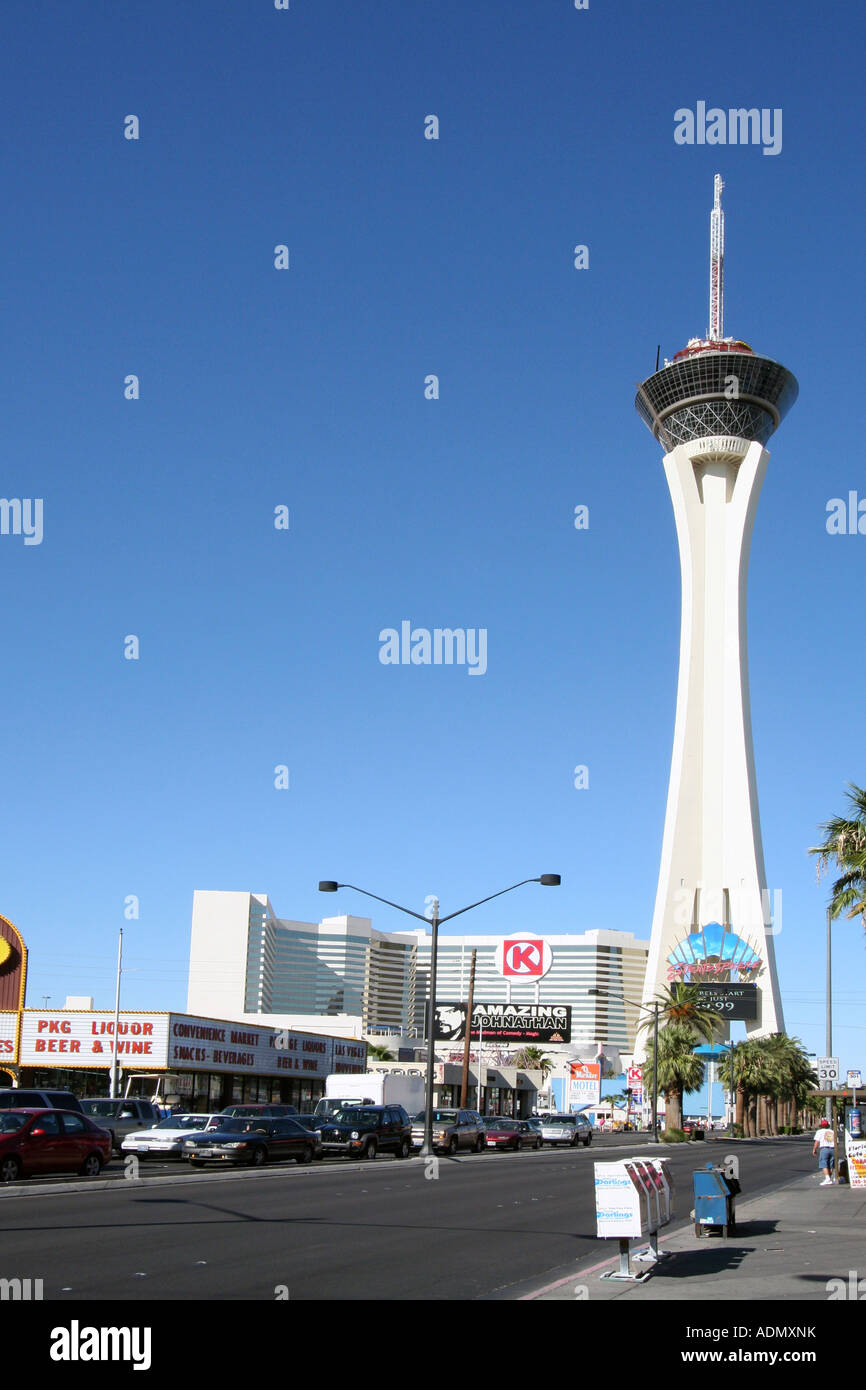 View at the top of the Stratosphere Hotel in Las Vegas, Nevada. The very  top of the tower, the 'Big Shot' ride, is pictured against a blue cloudy  sky. Copy space on