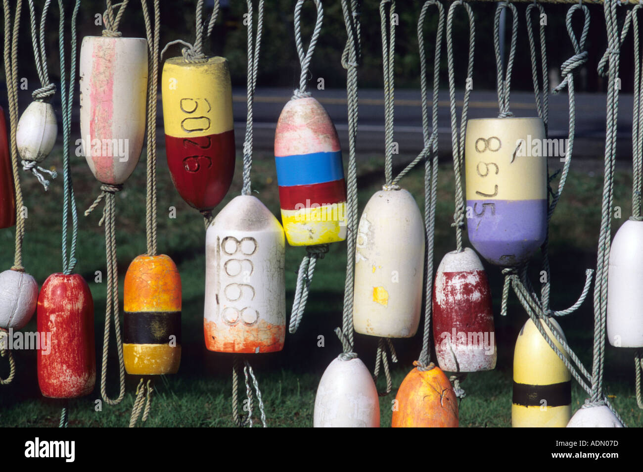 Colorful old crab pot buoys on display in Westport Washington Stock