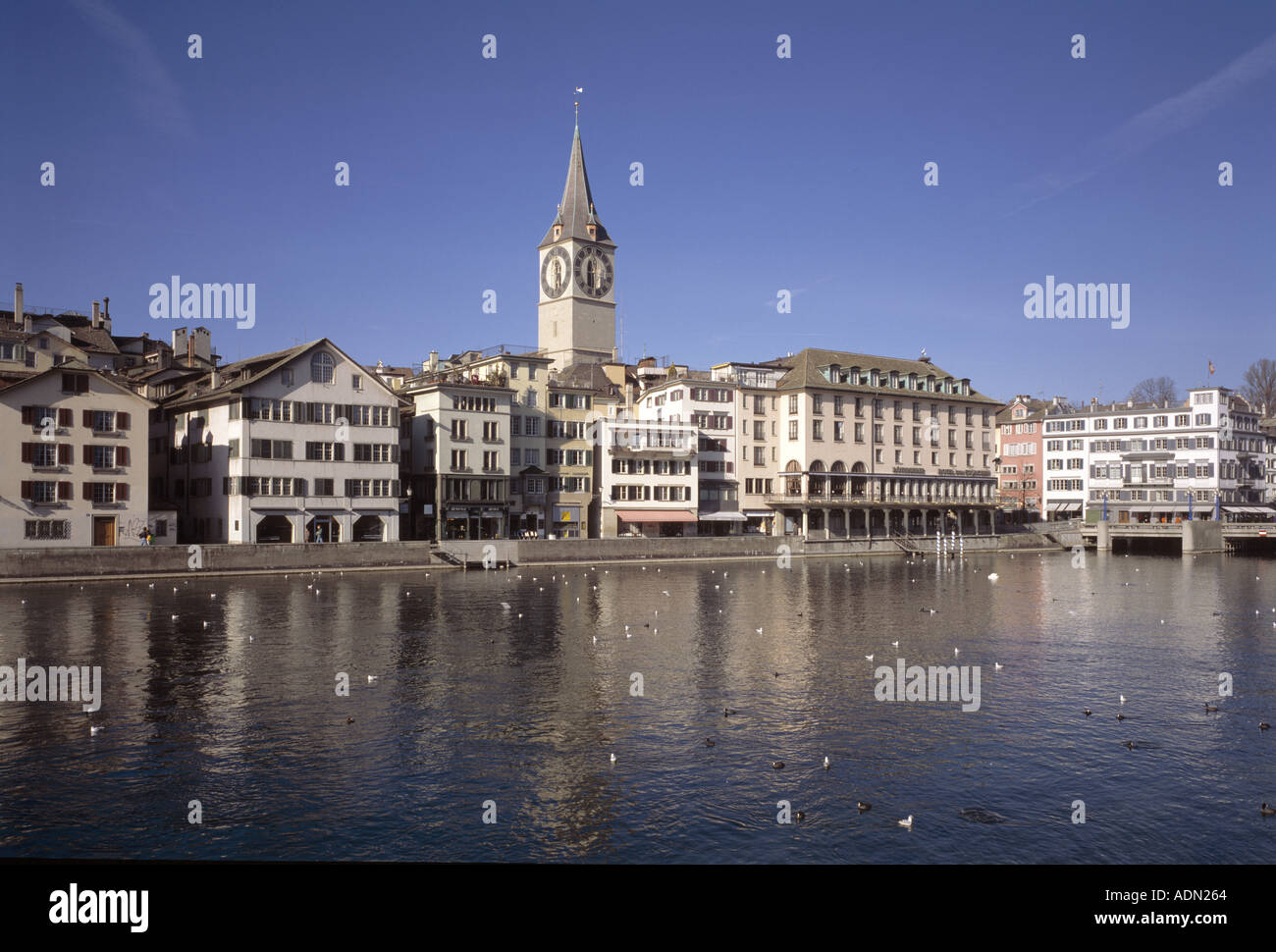 Zürich, Altstadt, Blick über die Limmat auf die Stadt mit St. Peter Stock Photo