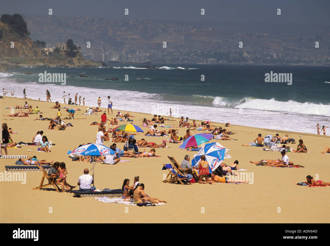 People sunbathing on the beach near Vina del Mar Chile  Stock Photo