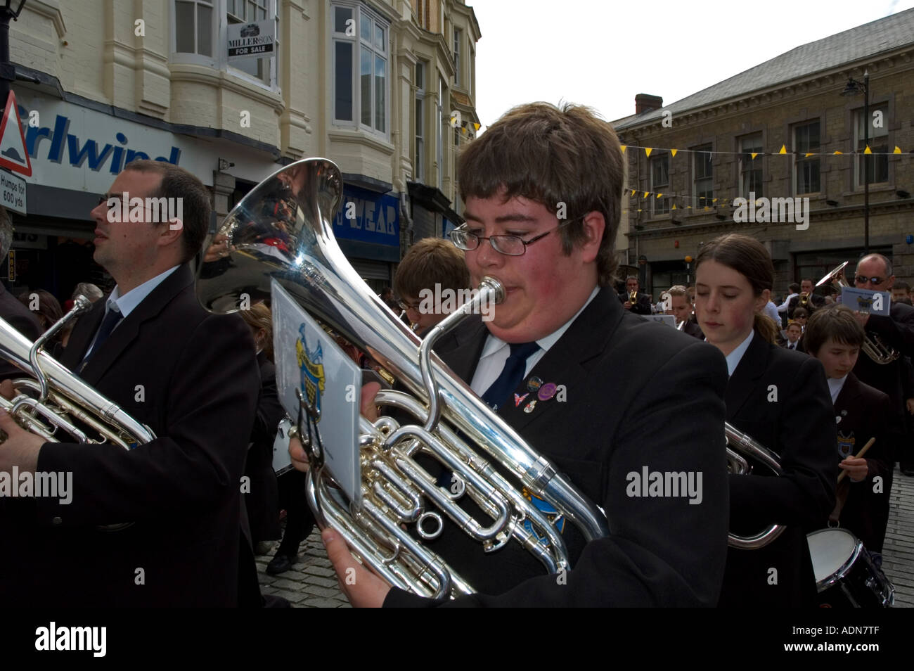 camborne town band leading the parade on trevithick day in camborne,cornwall,england Stock Photo