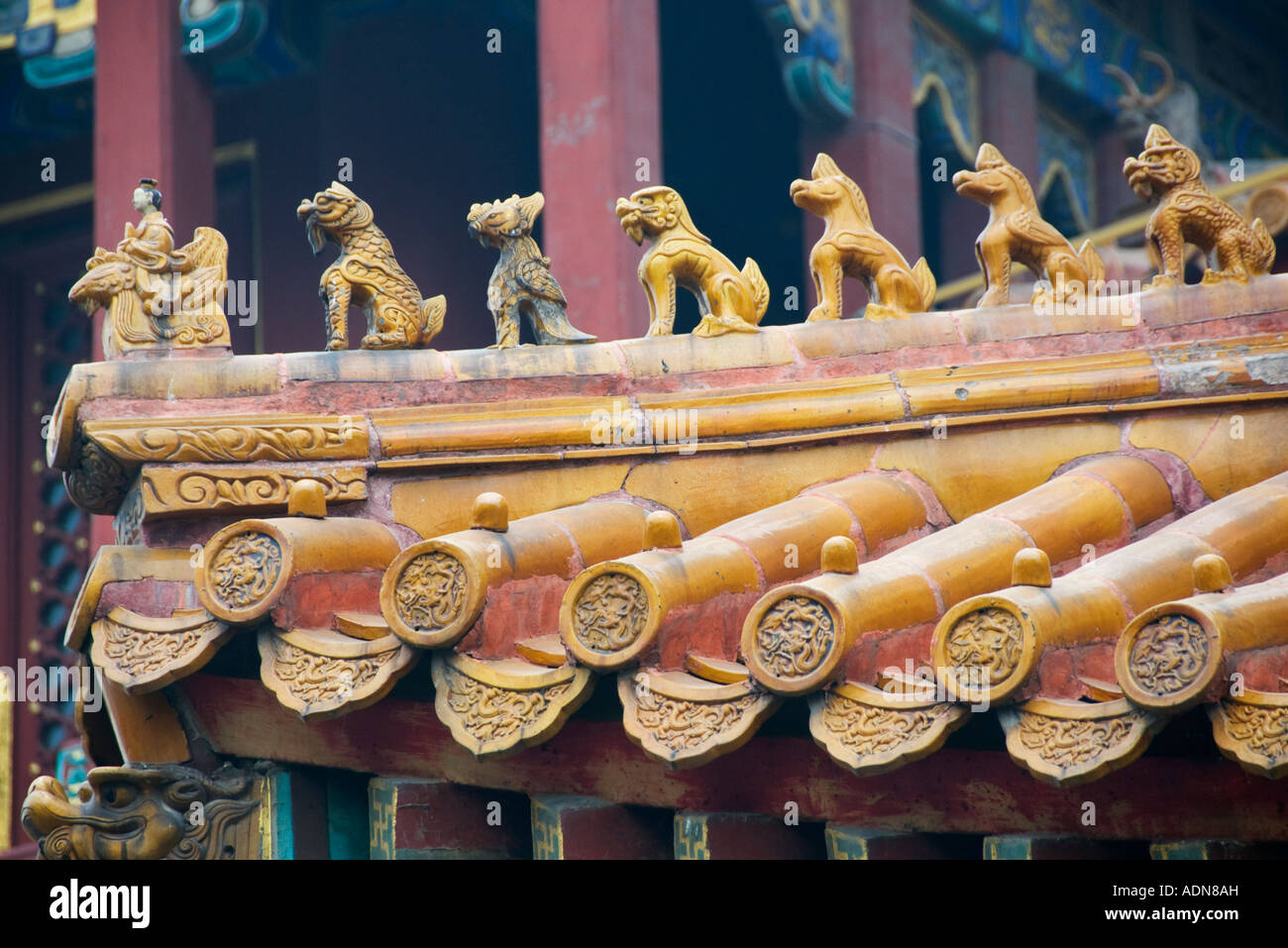 Ornate roof detail with animal figures at Lama Temple Yonghegong in Beijing 2007 Stock Photo