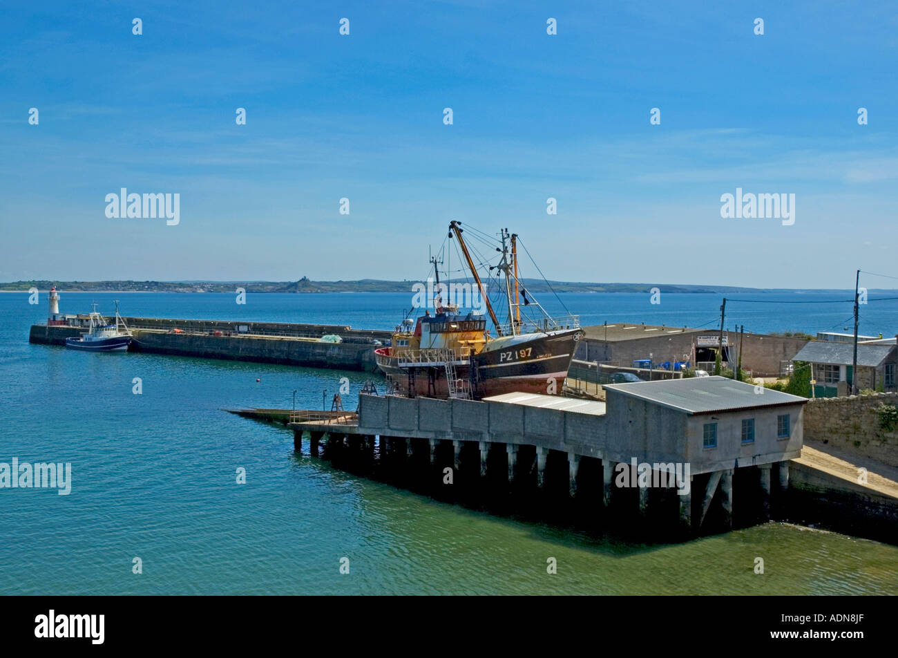 a fishing trawler in dry dock at newlyn near penzance,cornwall,england