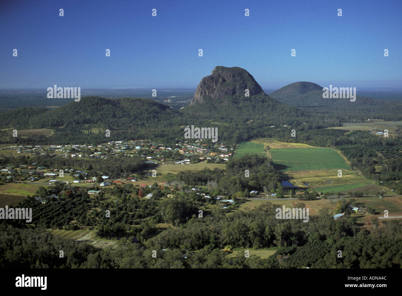 Australia Queensland Glasshouse Mtns Mt Coonowrin in foreground Mt Beerwah in back Stock Photo