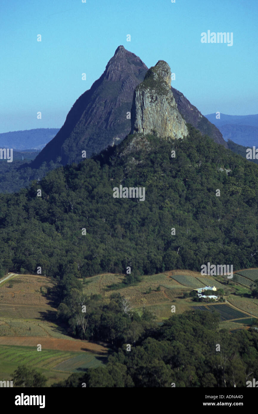 Australia Queensland Glasshouse Mtns Mt Coonowrin in foreground Mt Beerwah in back Stock Photo