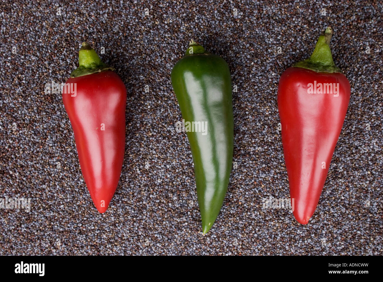 Three Chili Peppers, red and green on blue Poppy Seeds Pointing downwards. Stock Photo