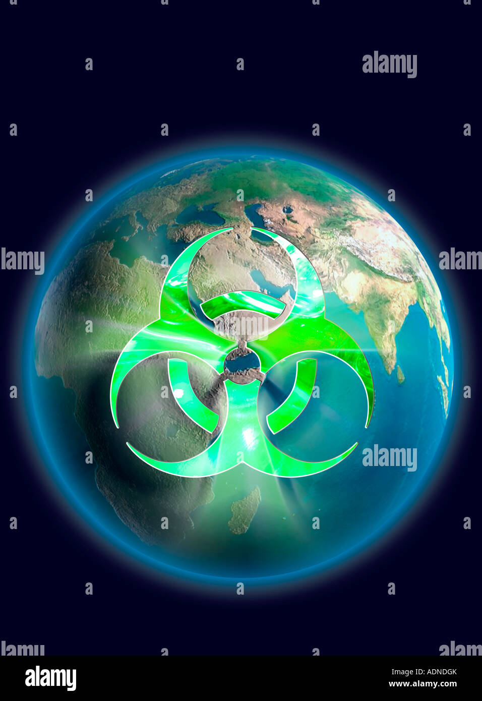 Biohazard symbol over Earth globe Stock Photo