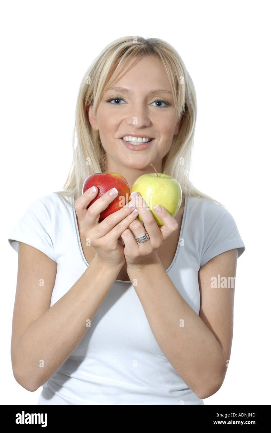 Junge Frau blond lacht laechelt freundlich positiv Aepfel Apfel rot gruen Obst gesund Stock Photo