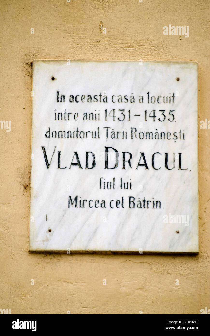 Sighisoara, Transylvania, Romania. Plaque on the wall of the Dracula House. Stock Photo
