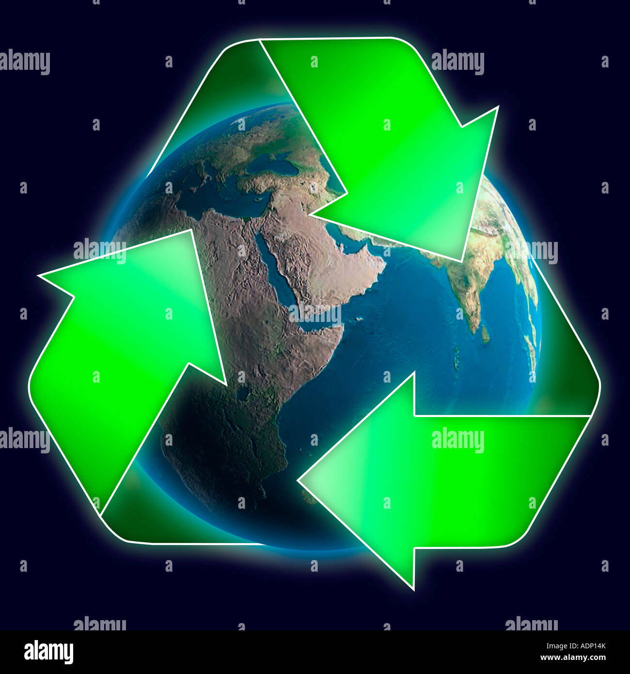 Recycling symbol over Earth globe Stock Photo
