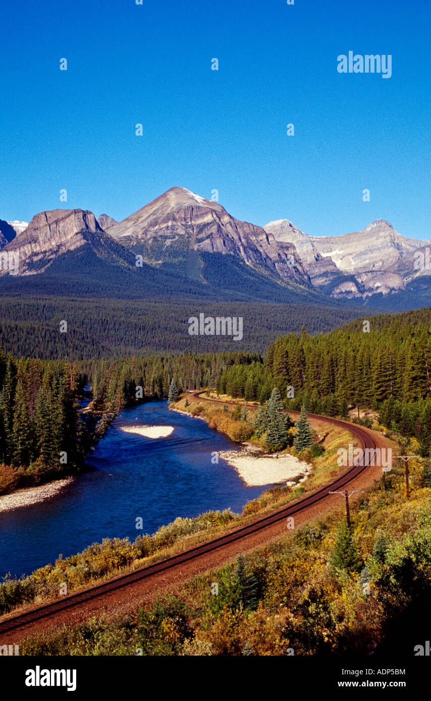Railroad on the riverbanks to Bow River Stock Photo Alamy