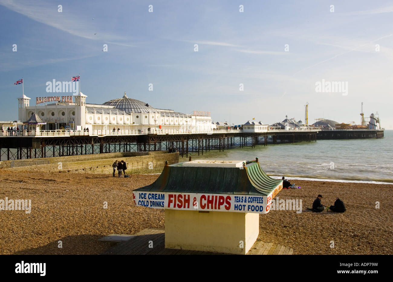 Fish and chip shop on beach by Brighton Pier on the South Coast of England United Kingdom Stock Photo