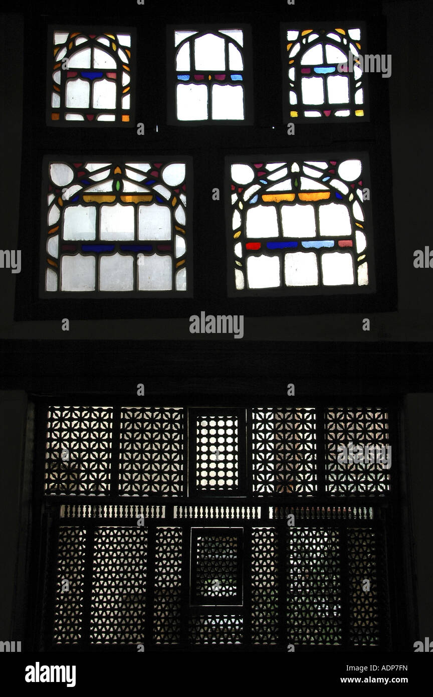 Egyptian style Mashrabiya window enclosed with carved wood latticework