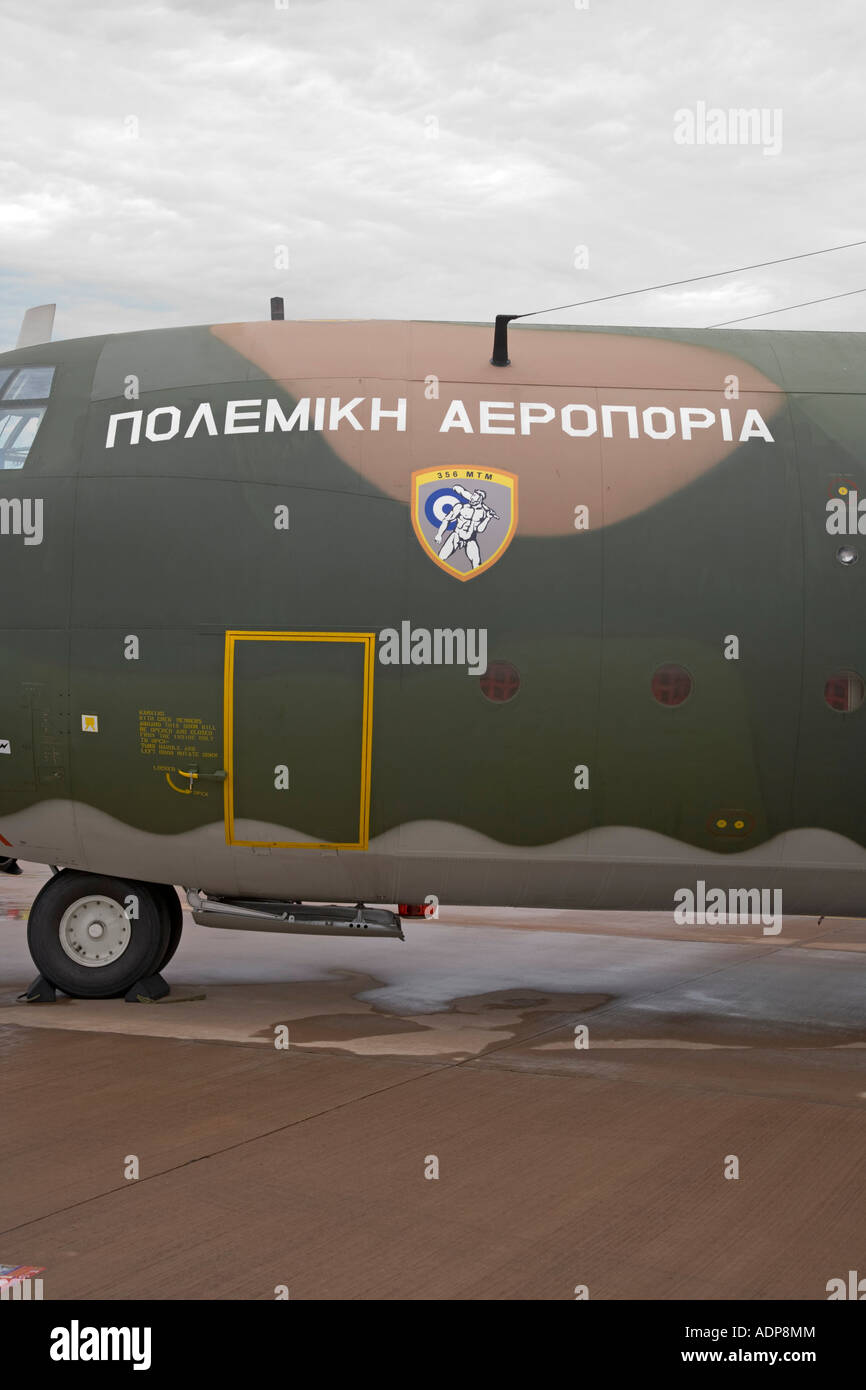 Greece Air Force Lockheed C 130H Hercules L 382 with herakles on the tail art fin rudder Stock Photo