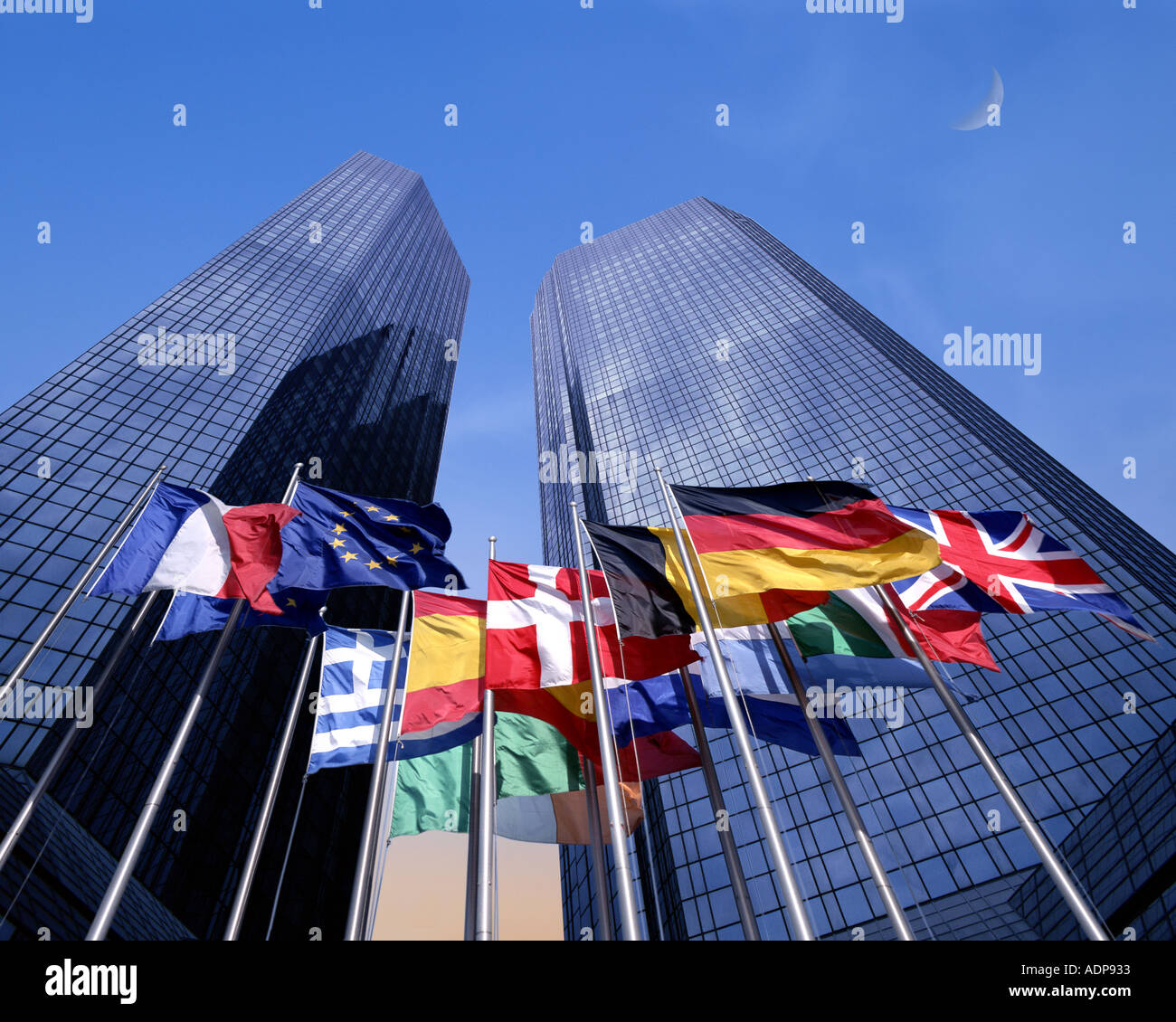 DE - HESSEN: The Flags of Europe below the Deutsche Bank in Frankfurt Stock Photo