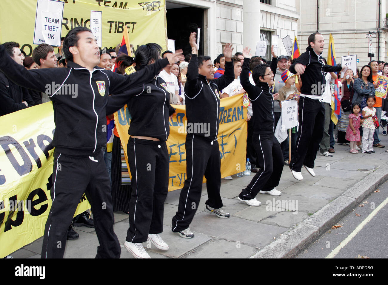 Team Tibet warming up outside the Chinese Embassy in London Stock Photo
