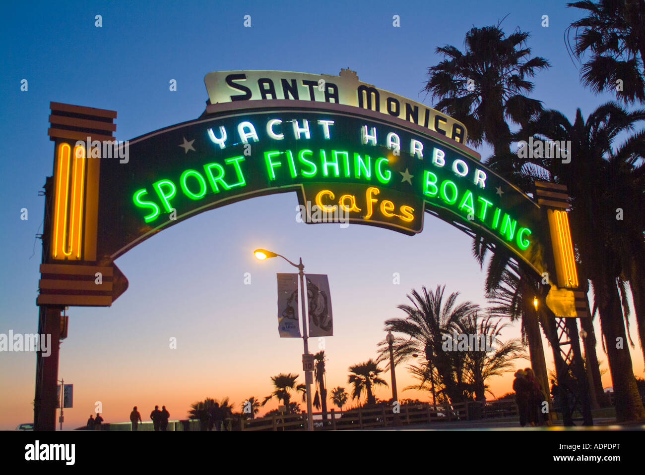 Night photography of Santa Monica pier sign Stock Photo