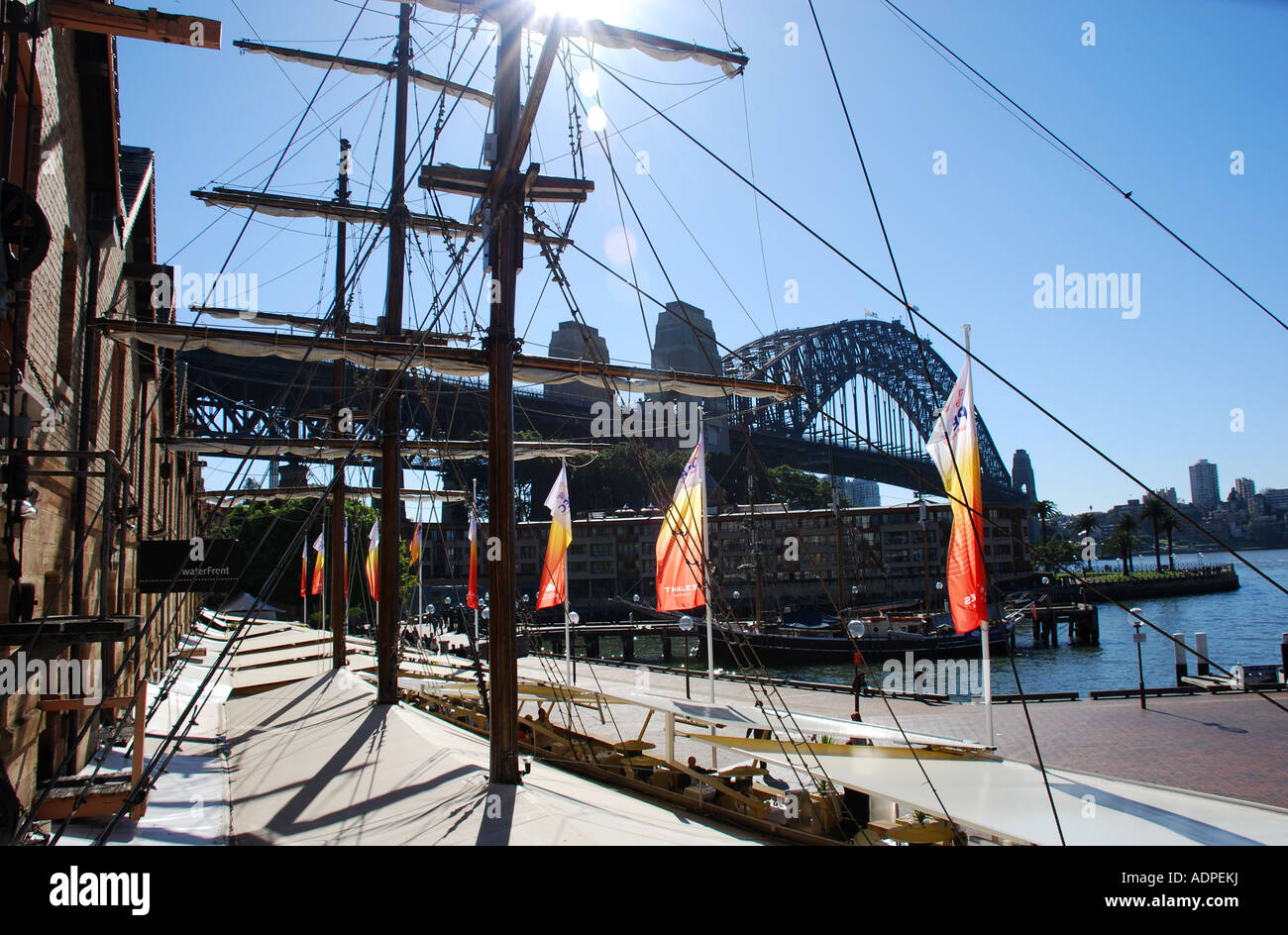 SAILS ON RESTAURANTS IN CAMPBELLS COVE OVERLOOKING HARBOUR BRIDGE THE ROCKS SYDNEY NSW AUSTRALIA Stock Photo