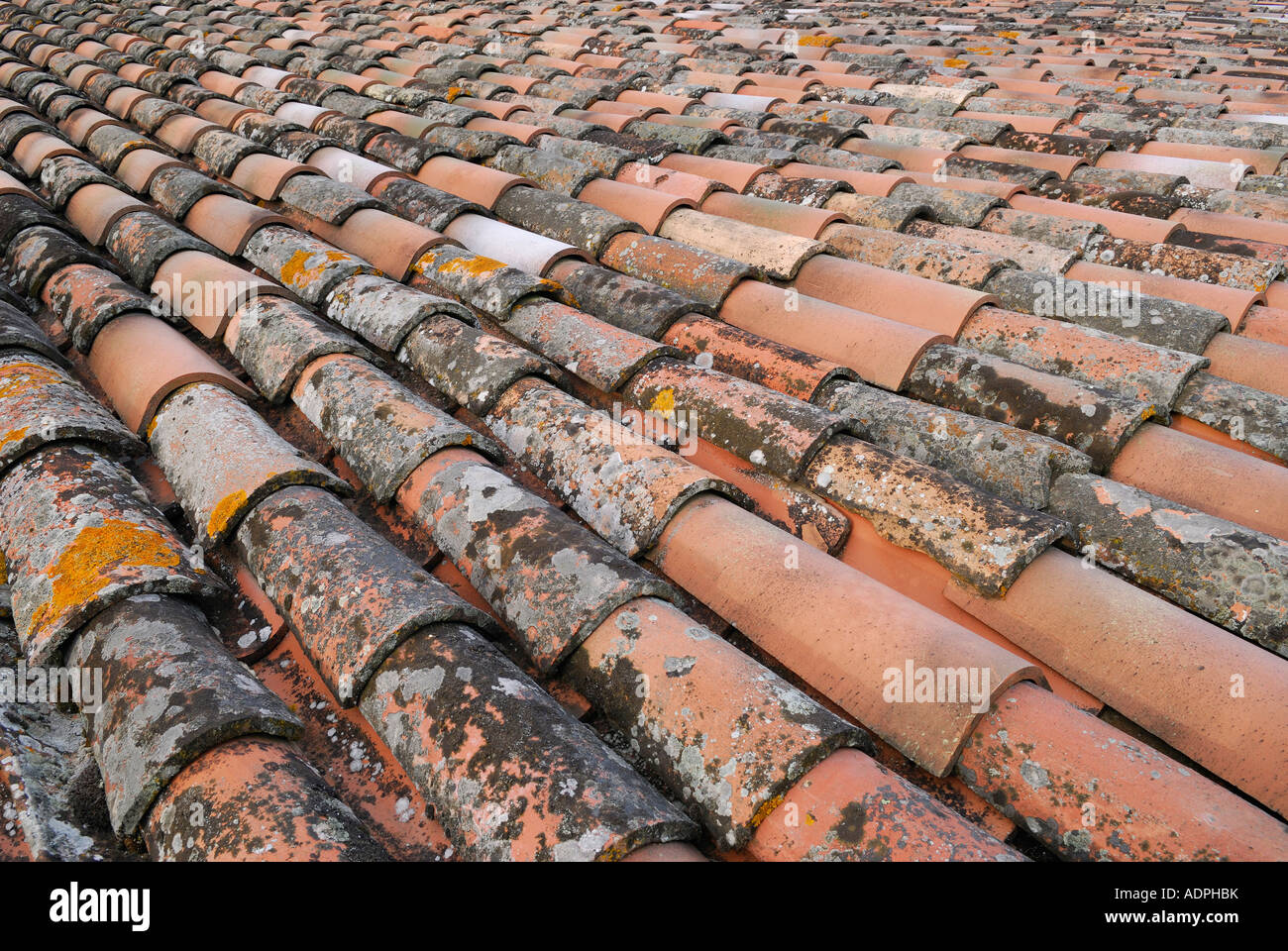 Mix of old and new mission clay roof tiles in Umbria Italy Stock Photo