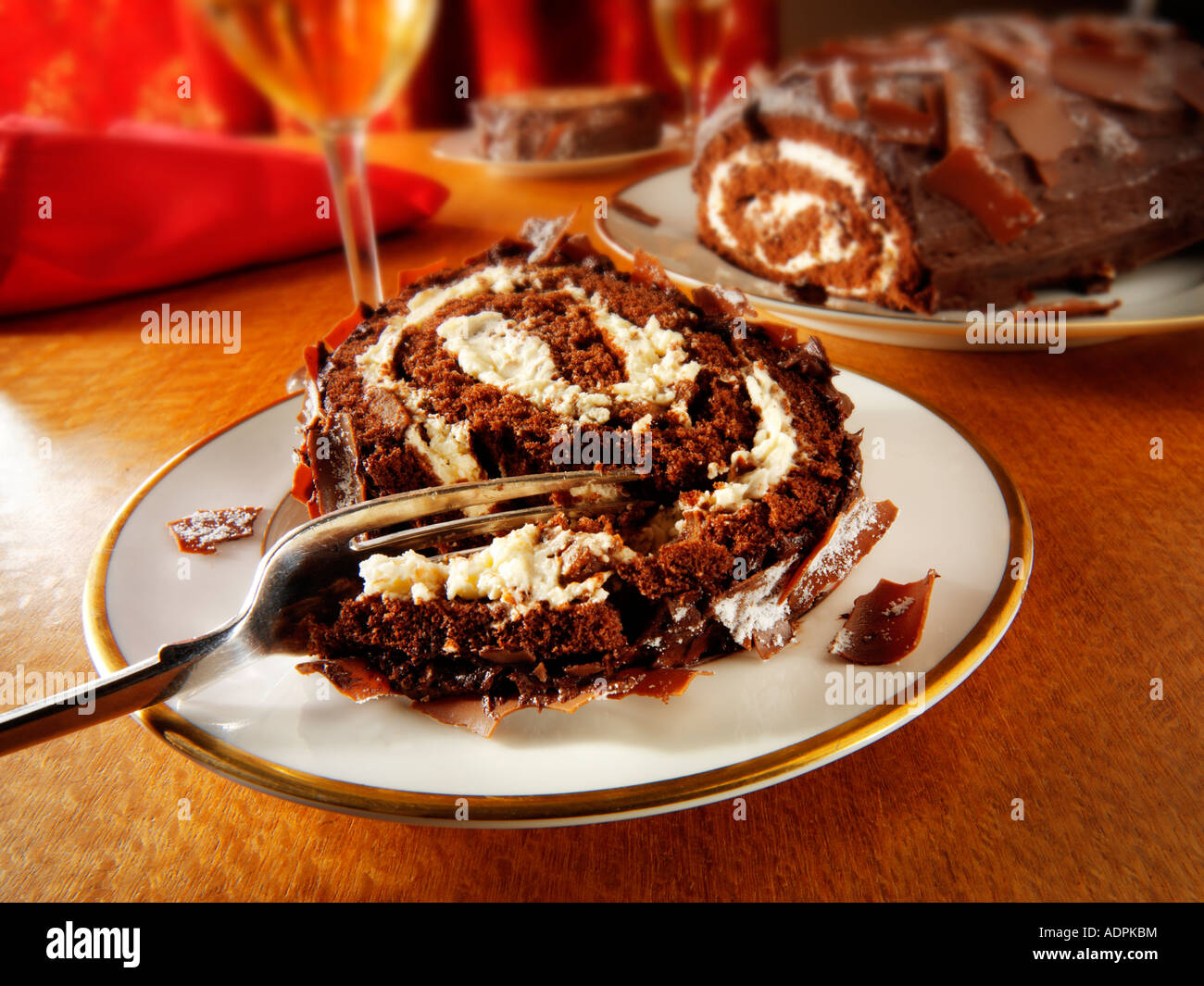Traditional chocolate Swiss roll or log Stock Photo