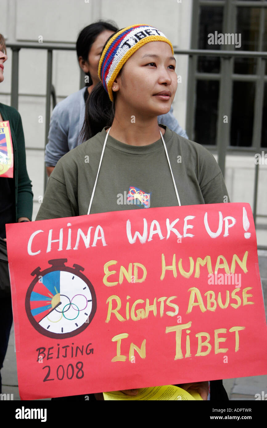 Demonstrator outside the Chinese Embassy in London Stock Photo
