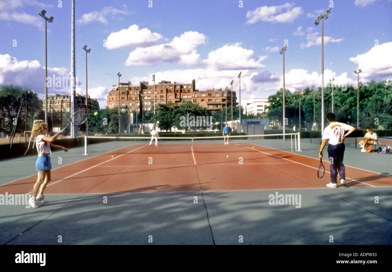 Paris, FRANCE, Urban Parks Teens Playing Tennis in 'Porte d'Orleans' Outside Tennis Courts, teenagers outside urban Stock Photo