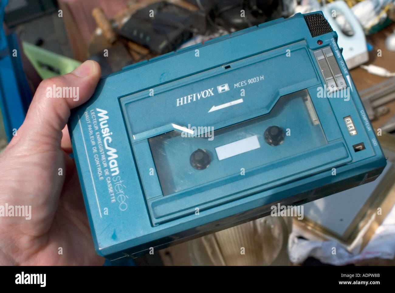 Paris France, Shopping 1980's Shopping, Consumer Electronic Portable 'Audio Cassette Player' Flea Market 'Walkman' Vintage Stock Photo