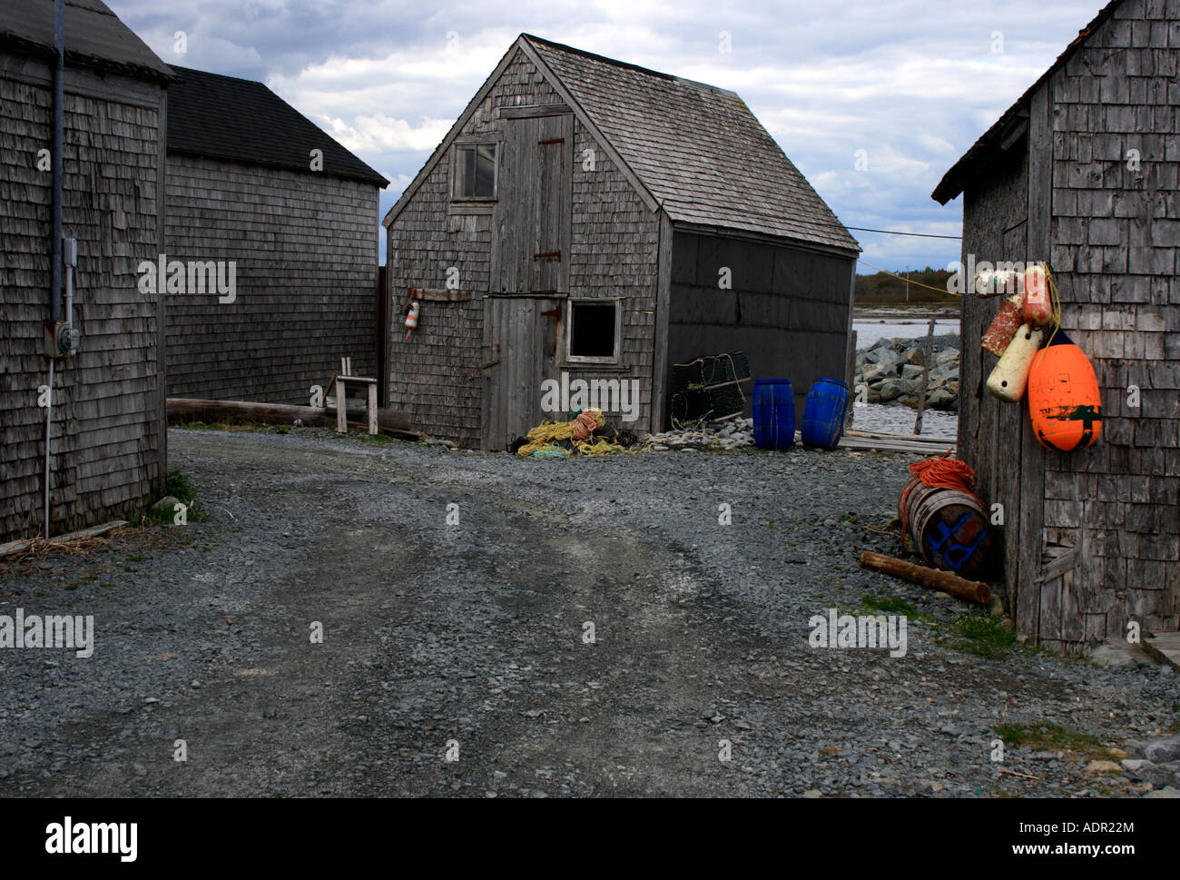 old fishing huts in Nova Scotia, Canada. Photo by Willy Matheisl Stock Photo