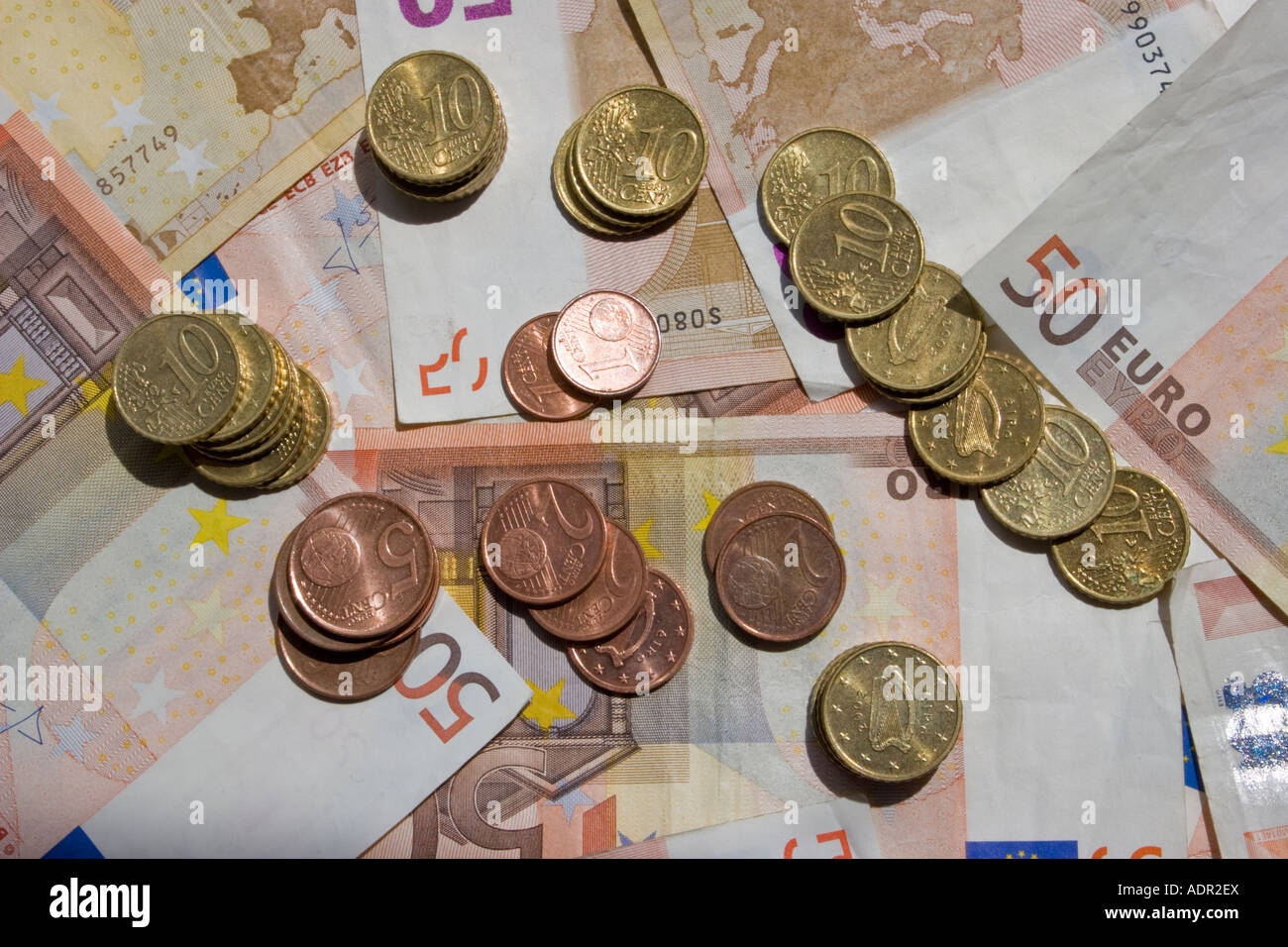 Euro currency coins and notes in detail Stock Photo