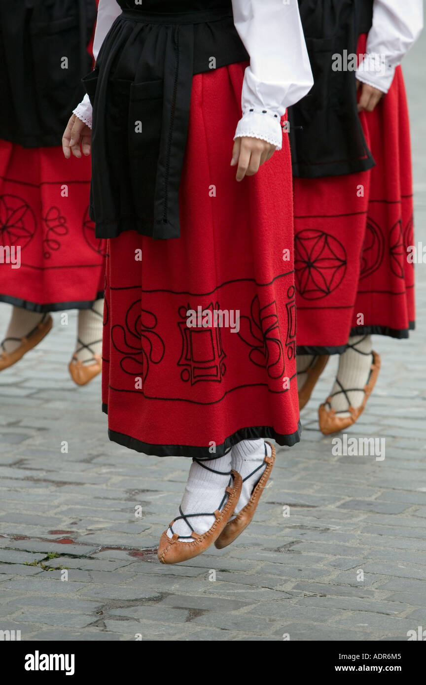 Young girls performing a traditional Basque folk dance in Plaza Arriaga ...