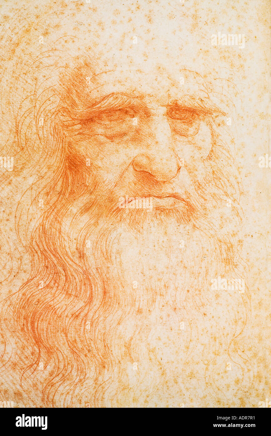 Self portrait of Leonardo da Vinci, drawing in red chalk Stock Photo