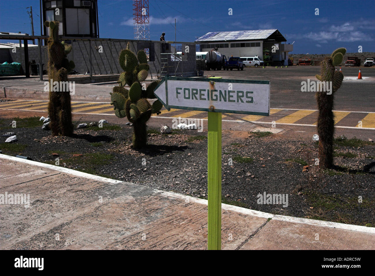 [Baltra Airport], [Baltra Island], [Galapagos Islands], arrival sign pointing to terminal building, Ecuador, 'South America' Stock Photo
