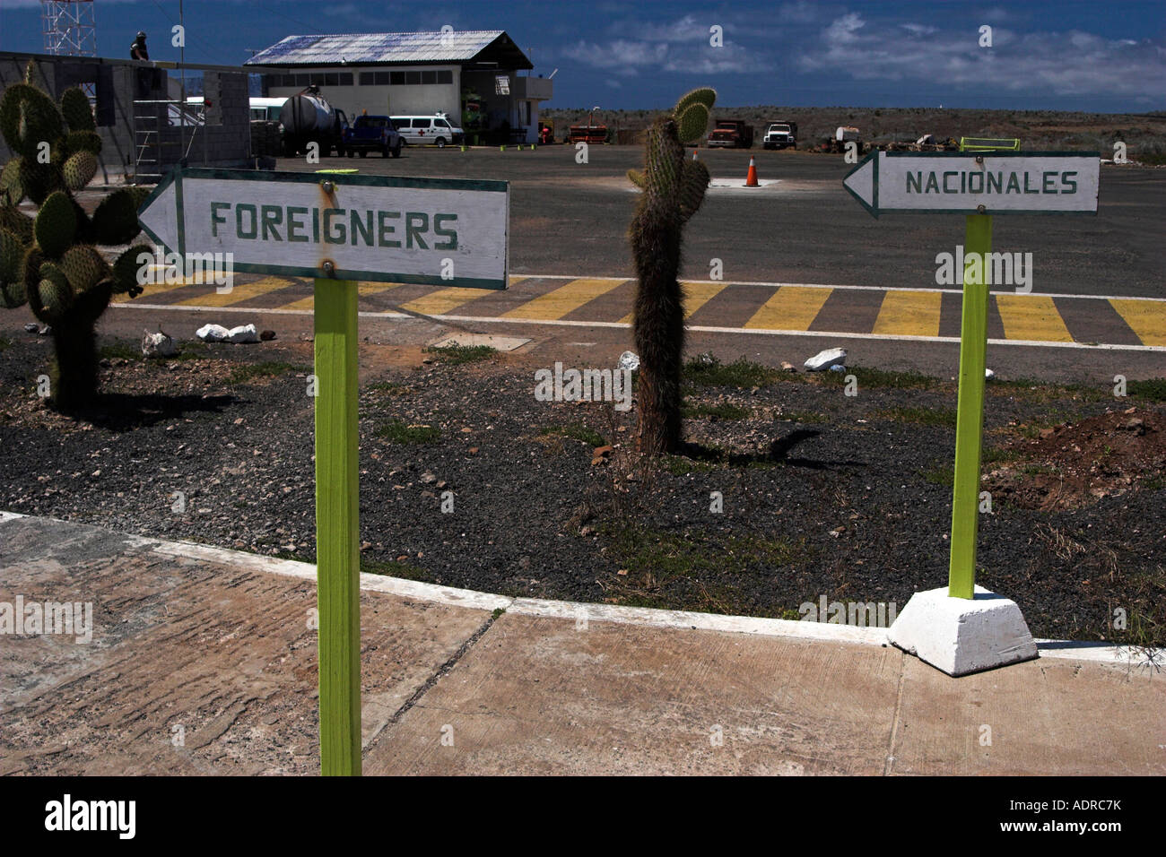 [Baltra Airport], [Baltra Island], [Galapagos Islands], two arrival signs, Ecuador, 'South America' Stock Photo
