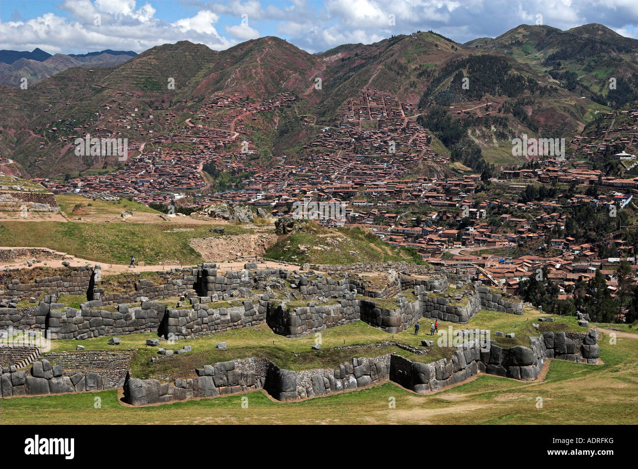 Sacsayhuaman Inca ruins, ancient fortress and stone terrace walls, Cusco City in background, Peru, Andes, "South America" Stock Photo