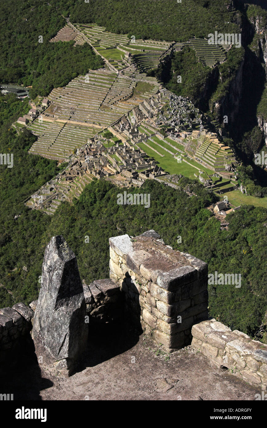 [Machu Picchu], scenic view of ancient Inca ruins from lookout point on summit of [Huayna Picchu], Peru, "South America" Stock Photo