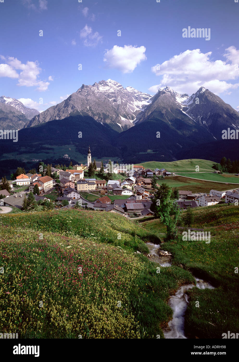 Engadin valley Swiss village Ftan near Scuol with the Pisoc mountains Stock Photo