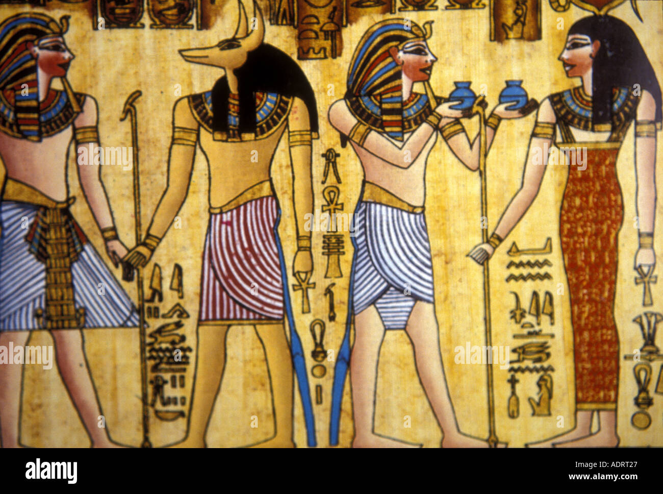 Papyrus art of Horemheb , last  Pharaoh of the 18th dynasty meeting the gods Anubis and Isis Stock Photo