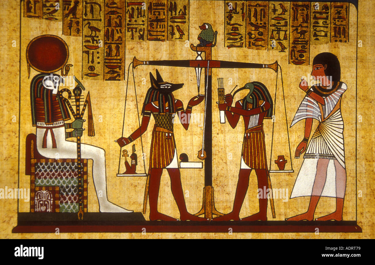 EGYPT artwork of the weighing of souls conducted by Thoth and Anubis the embalmer Stock Photo