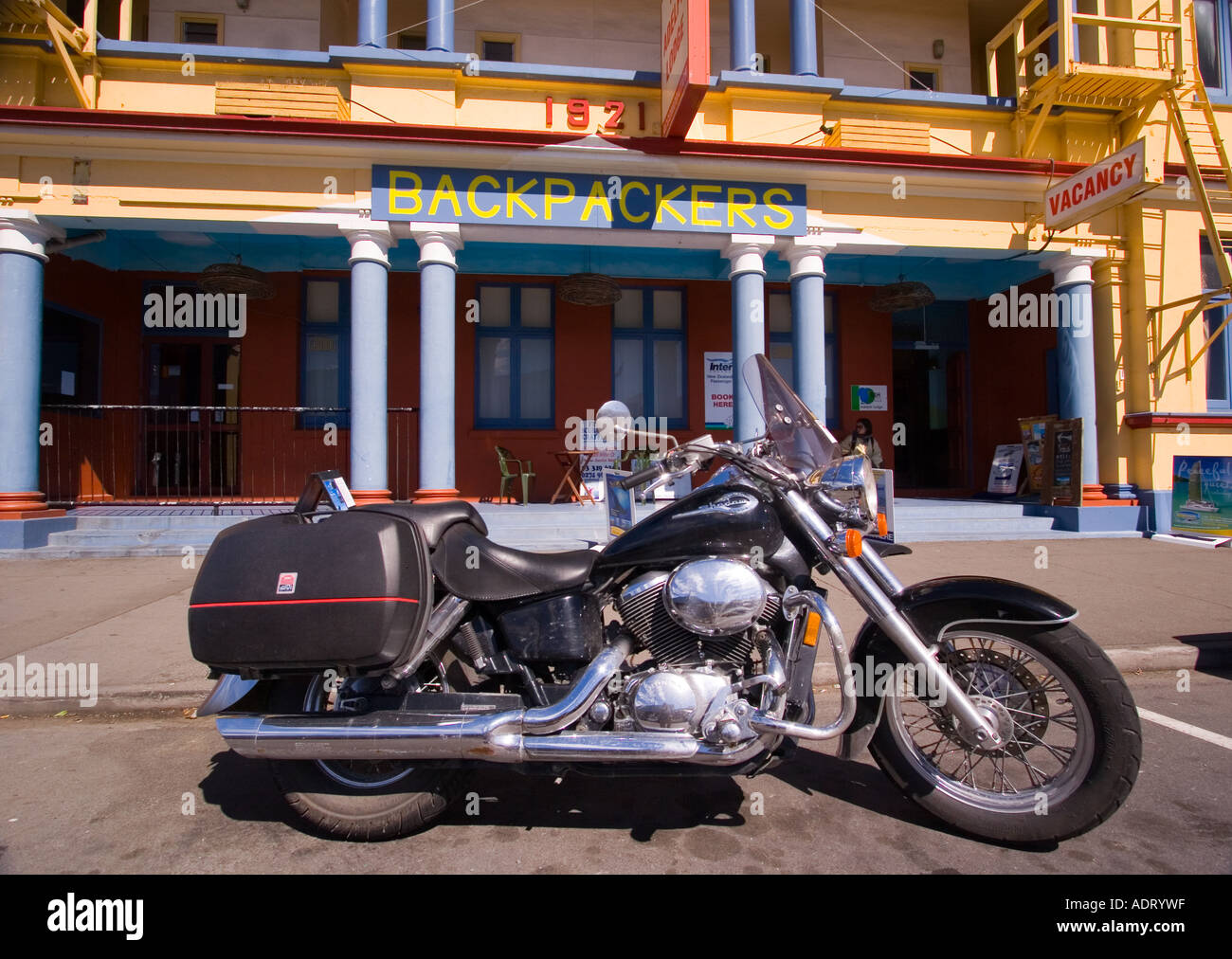 motorcycle parked in front of kaikoura hotel kaikoura south island new zealand Stock Photo