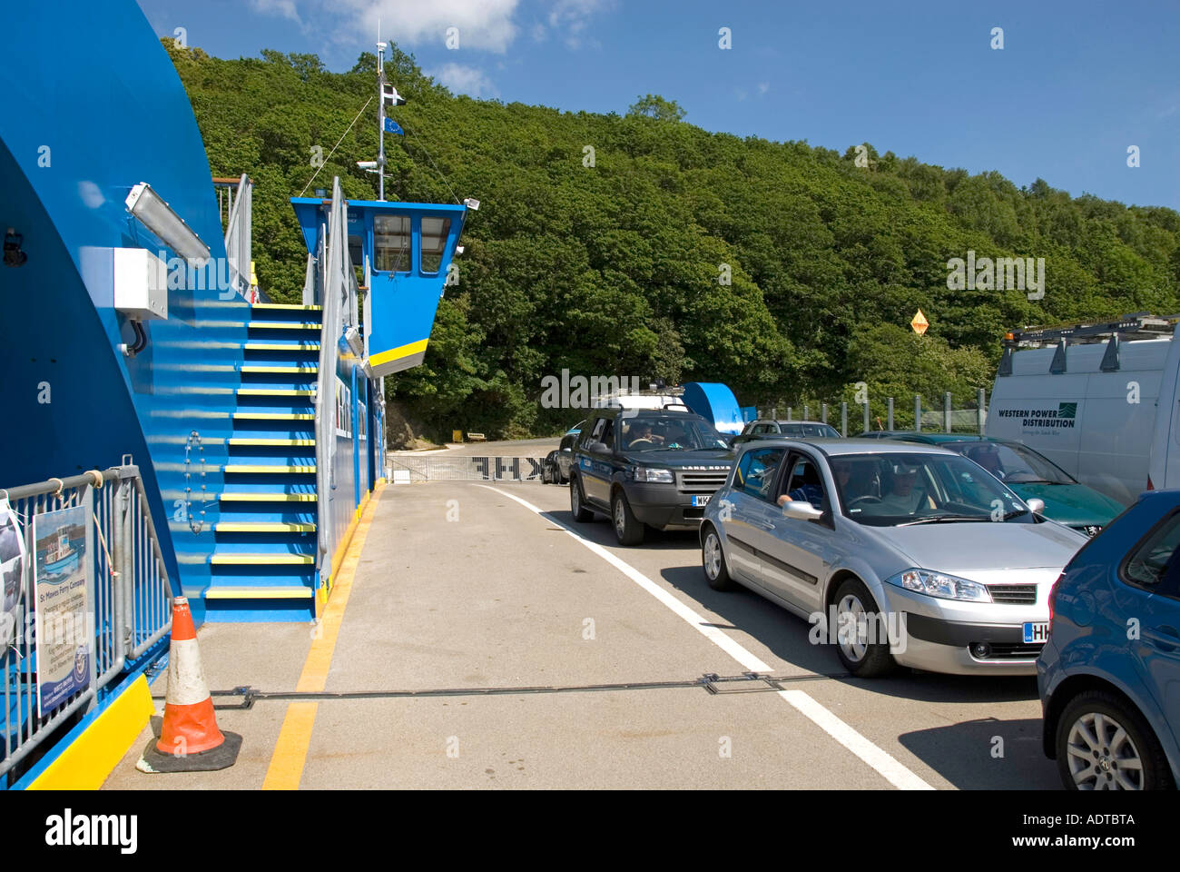 Trelissick cars onboard The King Harry Chain Ferry Bridge a vehicle & passenger crossing at Carrick Roads Reach on River Fal Cornwall England UK Stock Photo
