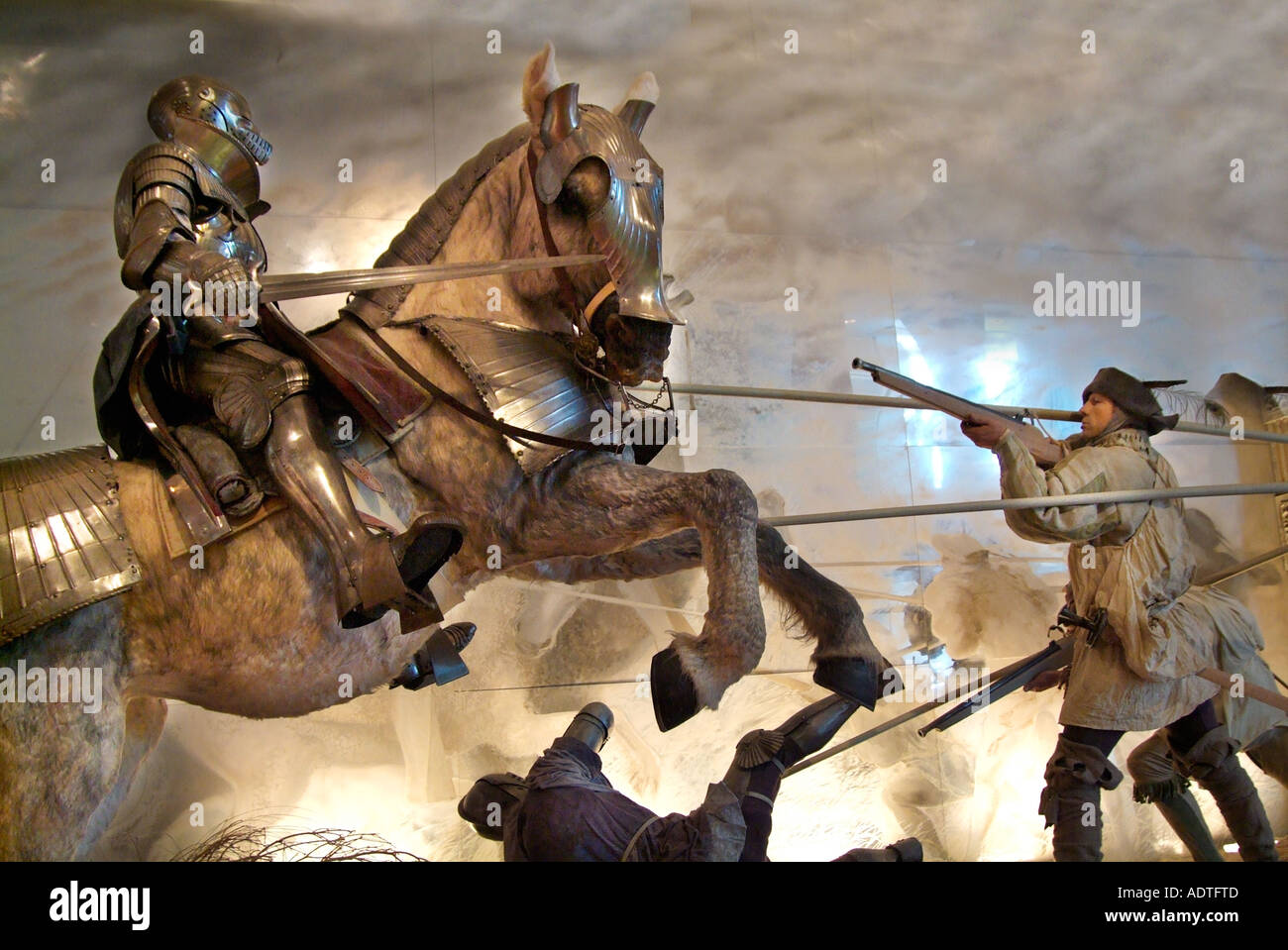 Horse cavalry mounted knight armour medieval Leeds Royal Armoury interior gallery England UK United Kingdom GB Stock Photo