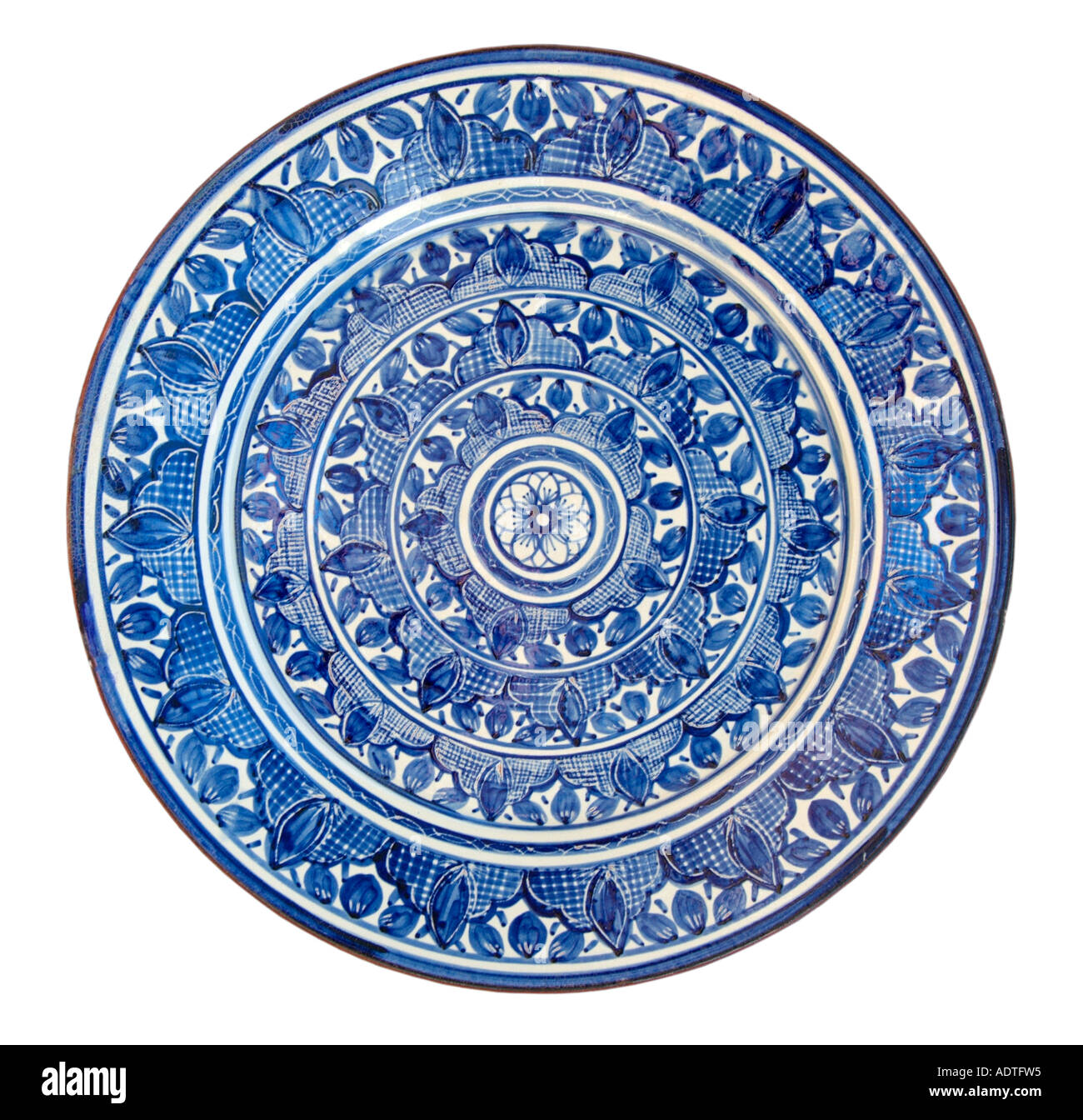 Ceramic glazed blue cobalt wall plate decorative pattern Portugal Portuguese Algarve South west EU European Union Europe Stock Photo