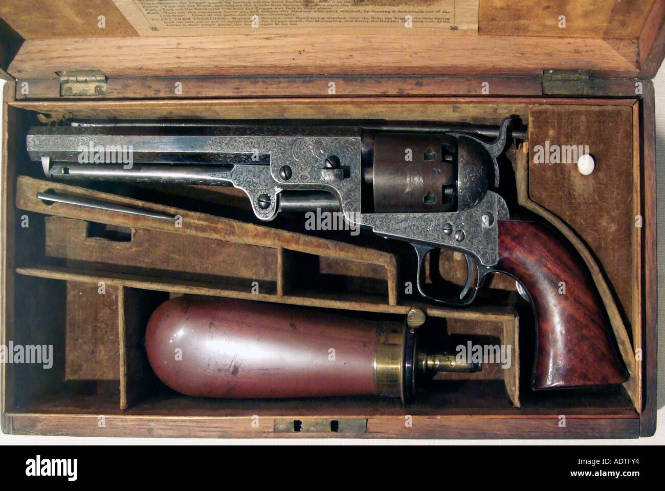 Leeds Royal Armoury colt pistol weapon gun revolver handgun case wooden travel store storage America American antique Stock Photo
